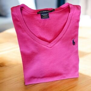 Ralph Lauren Sport 100% Cotton Women's Fuchsia V-Neck Tee Size--Large